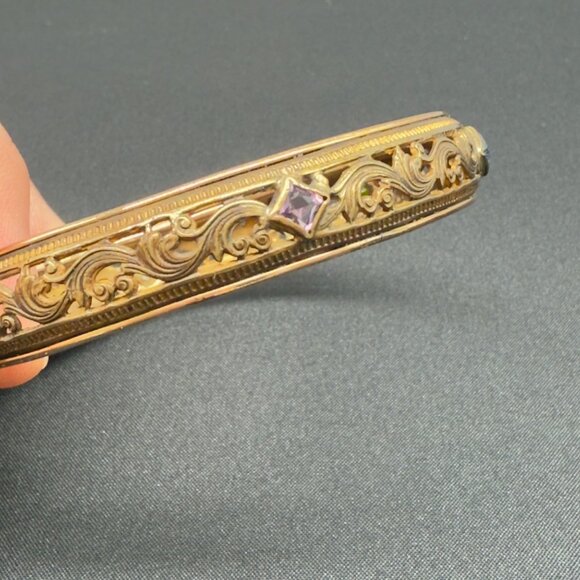 Vintage Filigree Gold and Glass Gem Bangle Bracelet Signed PB&R - Picture 5 of 9